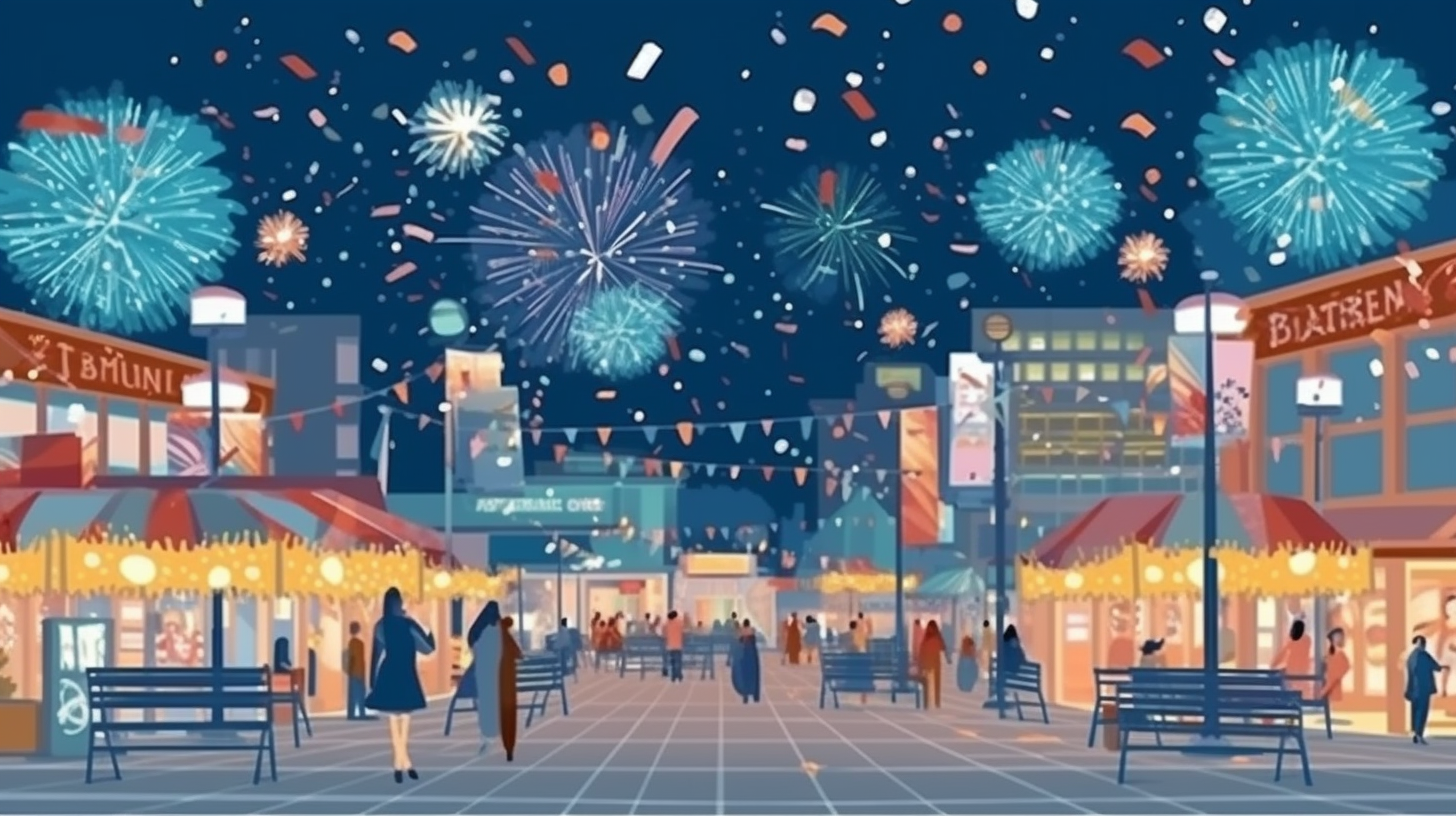 商店街の野外イベントを活気づける花火演出